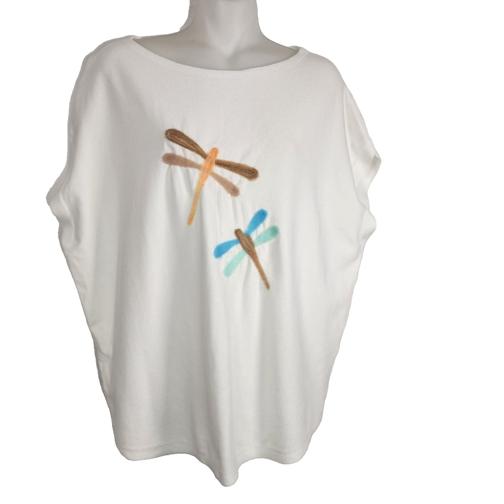 Aaeda Womens Felt Dragonfly Sweater Top L White Soft Dolman Cap Sleeve Knit Boho